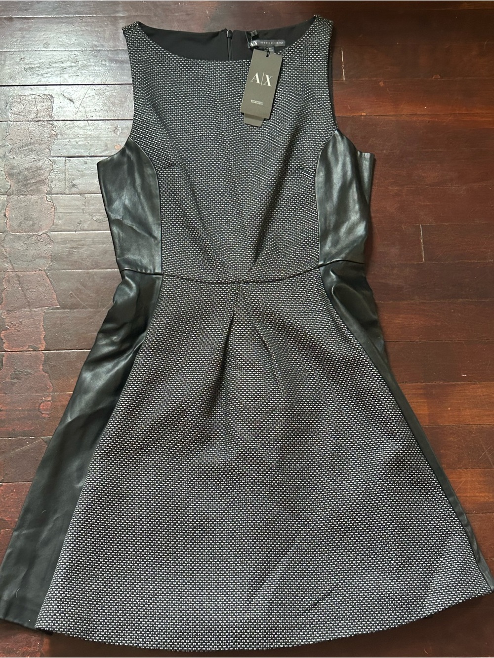 Armani Exchange Women's 6 Black/White Textured Knit Faux Leather A-Line Dress